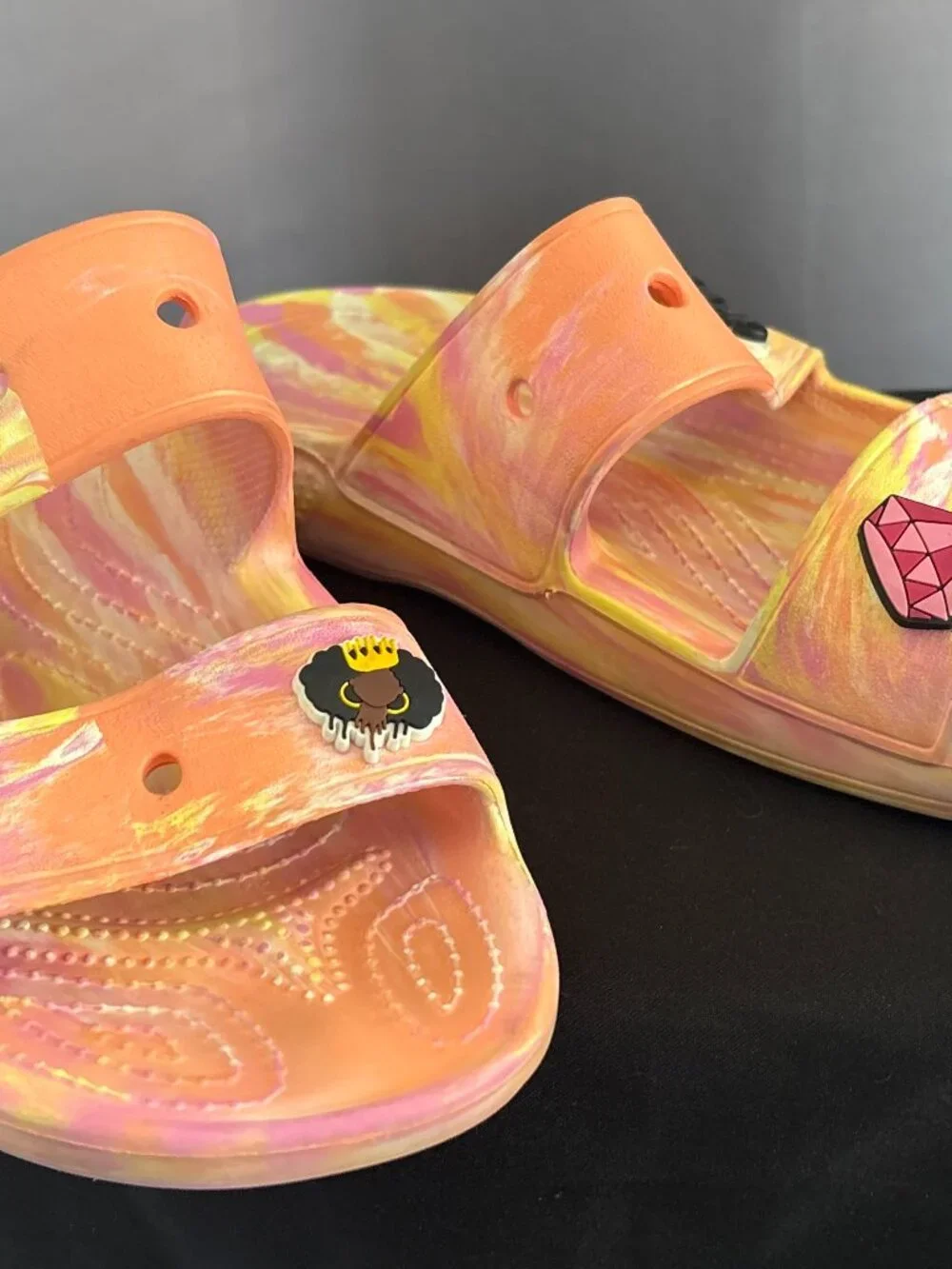 Crocs Classic Marbled Two Strap Slide Sandals Orange Sorbet Pink Men 9 Women 11